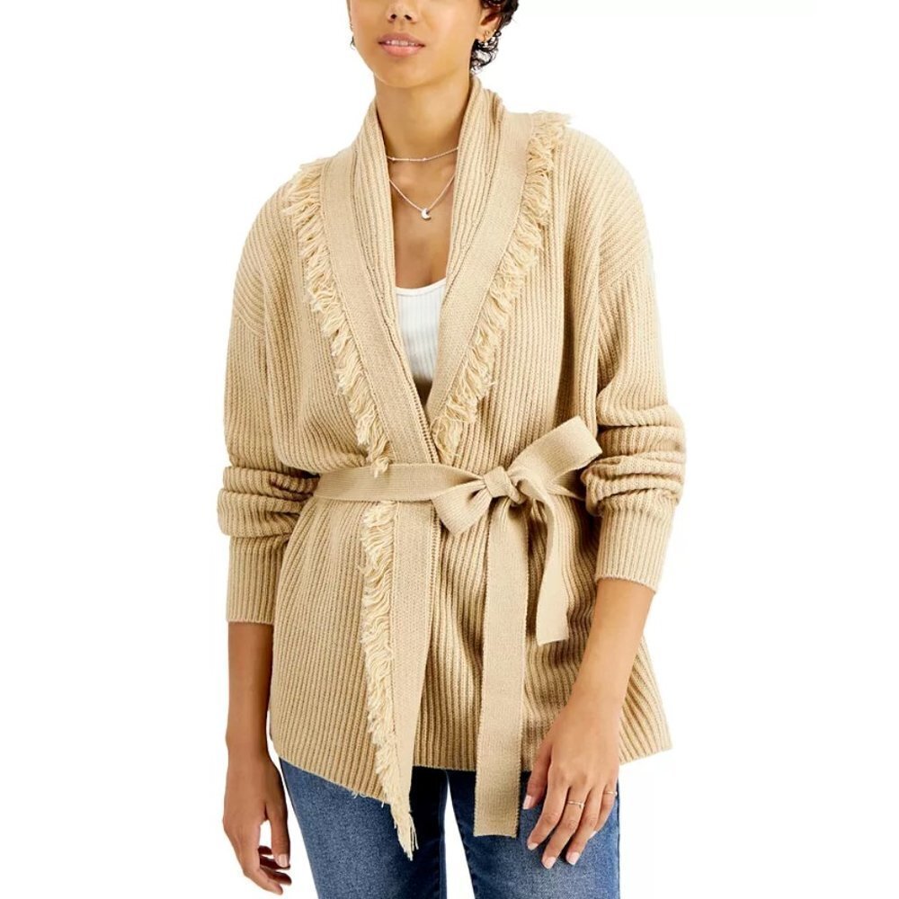 Willow Drive Womens Size Small Fringe Trim Cardigan Sweater MISSING‎ BELT Tan